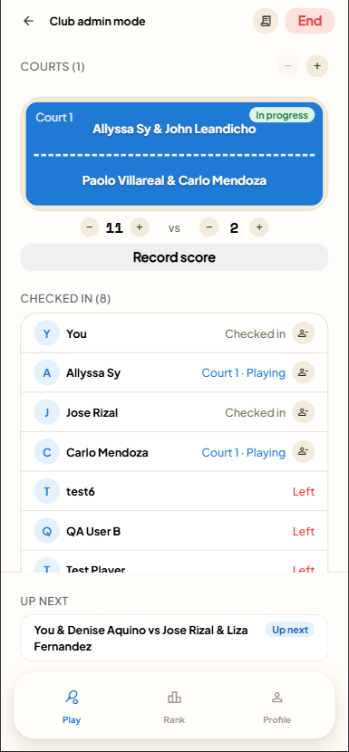 Club admin mode managing a court