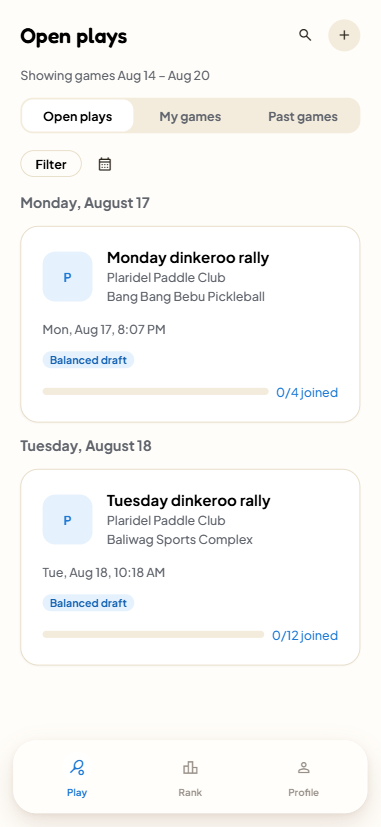 Open plays booking list